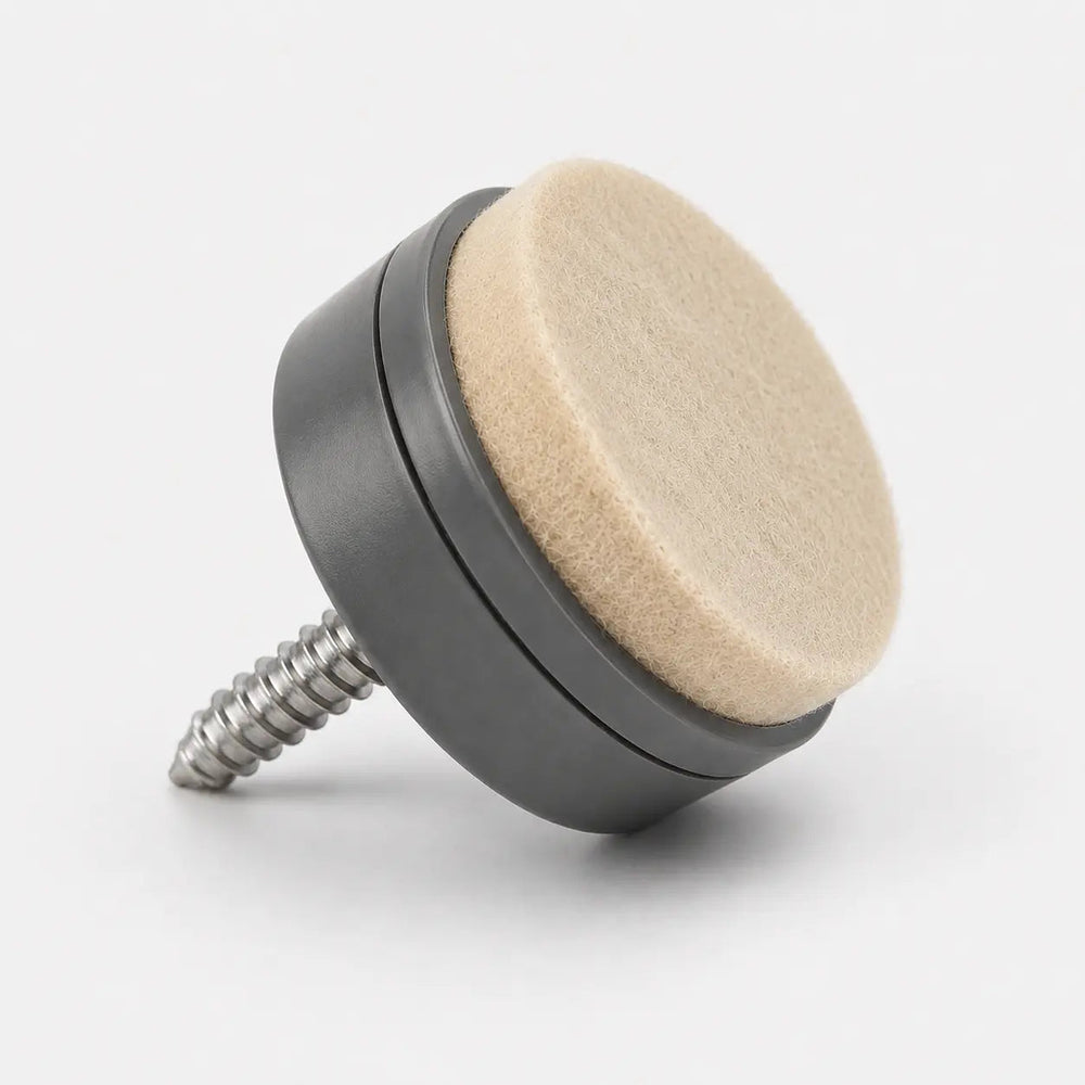 Assembled MagniGlide complete system with permanent screw-mounted base and replaceable floor-contact glide piece with high-density virgin wool felt